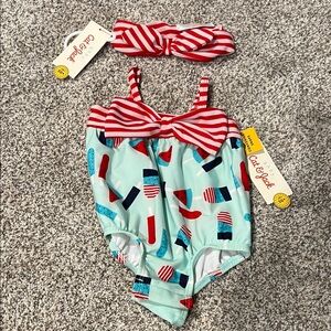 Cat & Jack Mint Green One-Piece Swimsuit with Red Striped Bow Headband